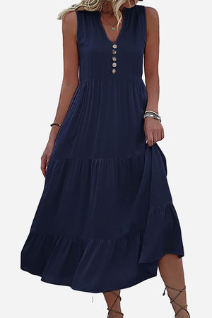 Bohemian tiered midi dress with V-neck button detail in navy blue, sleeveless and flowy design