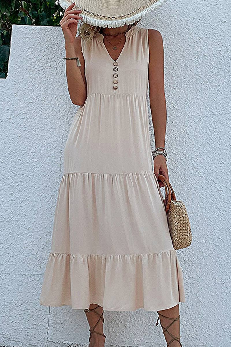 Bohemian tiered midi dress in beige with V-neck and button detail, lightweight breathable viscose fabric.