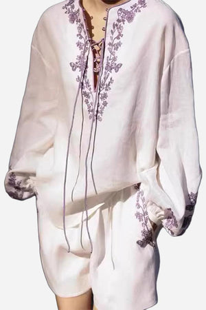 100% linen two-piece set with purple flower embroidery and loose fit design