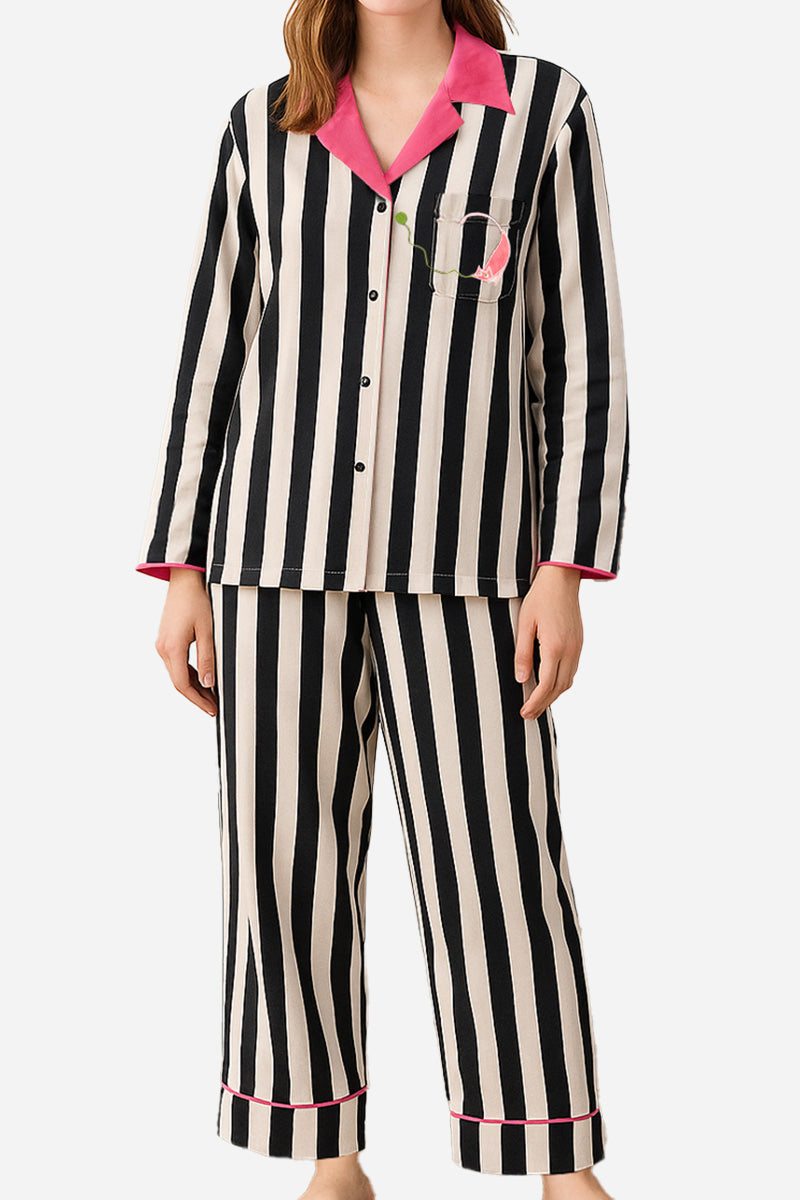 Premium moisture-wicking cotton-tencel pajama set with black and white stripes and pink collar and cuffs