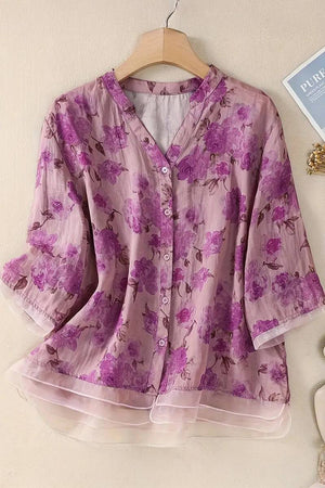 French Boutique Style Organza Floral Print Blouse