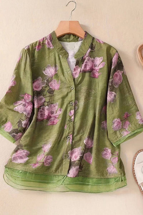 French boutique style organza floral print blouse with lightweight, breathable fabric in green and pink hues