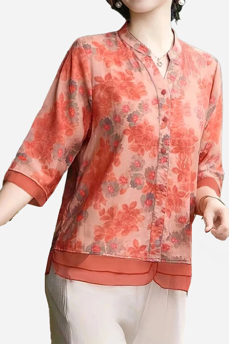 French boutique style organza blouse with floral print and lightweight elegant fabric