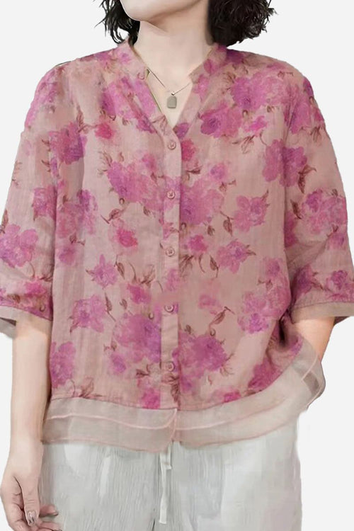 French boutique style organza blouse with pink floral print and lightweight breathable fabric