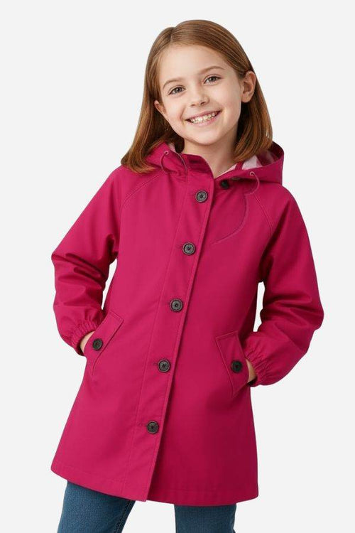 Junior water resistant oversized hooded windbreaker rain jacket for kids in bright pink color
