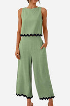 Green scalloped trim sleeveless top and wide leg pants set with pockets and elastic waistband