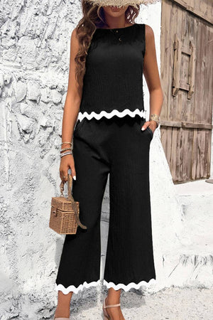 Scalloped Trim Sleeveless Top & Wide Leg Pants Set