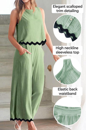 Scalloped Trim Sleeveless Top & Wide Leg Pants Set