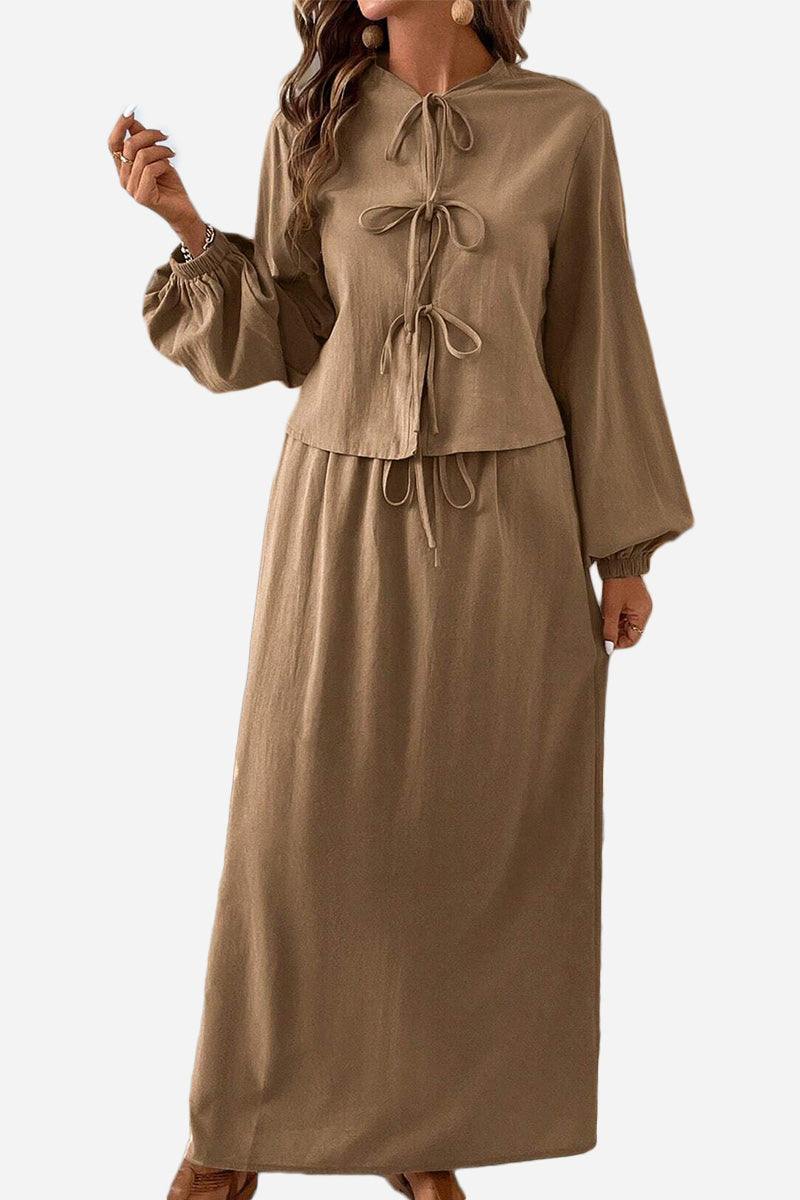 100% cotton long-sleeve crop top and maxi skirt set in brown with tie-front details and relaxed fit