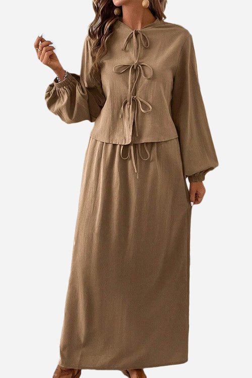 100% cotton long-sleeve crop top and maxi skirt set in brown with tie-front details and relaxed fit