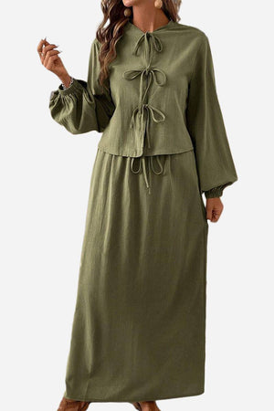 100% Cotton Long-sleeve Crop Top Maxi Skirt Set