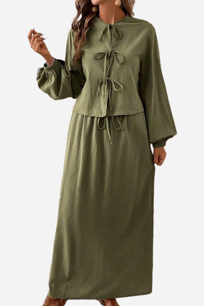 Olive green 100% cotton long-sleeve crop top and maxi skirt set with tie-front detail
