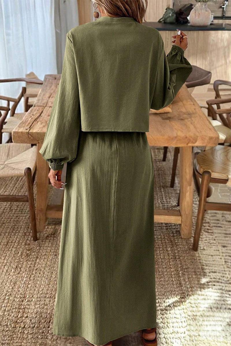 Woman wearing olive green 100% cotton long-sleeve crop top and maxi skirt set standing indoors
