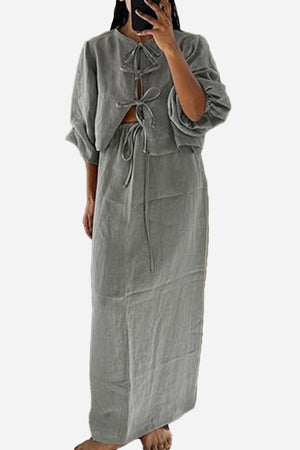 100% Cotton Long-sleeve Crop Top Maxi Skirt Set