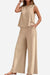 Beige sleeveless wide leg pants set with relaxed fit and soft, wrinkle-resistant fabric.