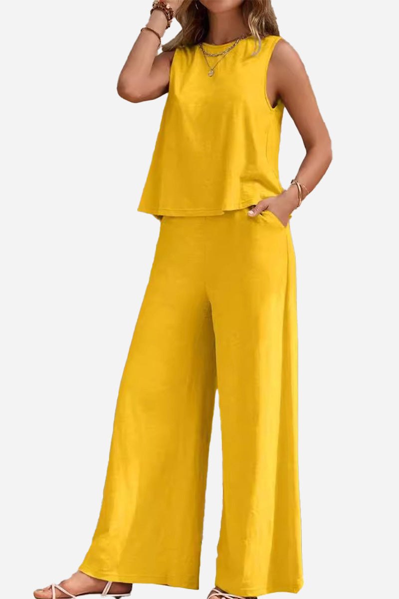 Yellow sleeveless wide leg pants set with comfortable, wrinkle-resistant polyester blend fabric