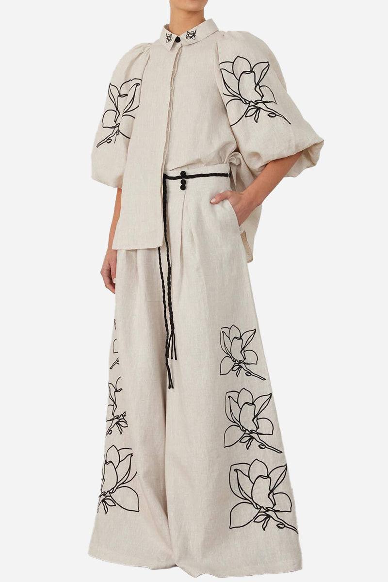 Dolce Vita Cotton Linen floral embroidered balloon sleeve top and wide-leg pants set in natural breathable fabric
