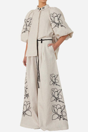Dolce Vita Cotton Linen floral embroidered balloon sleeve top and wide-leg pants set in natural breathable fabric