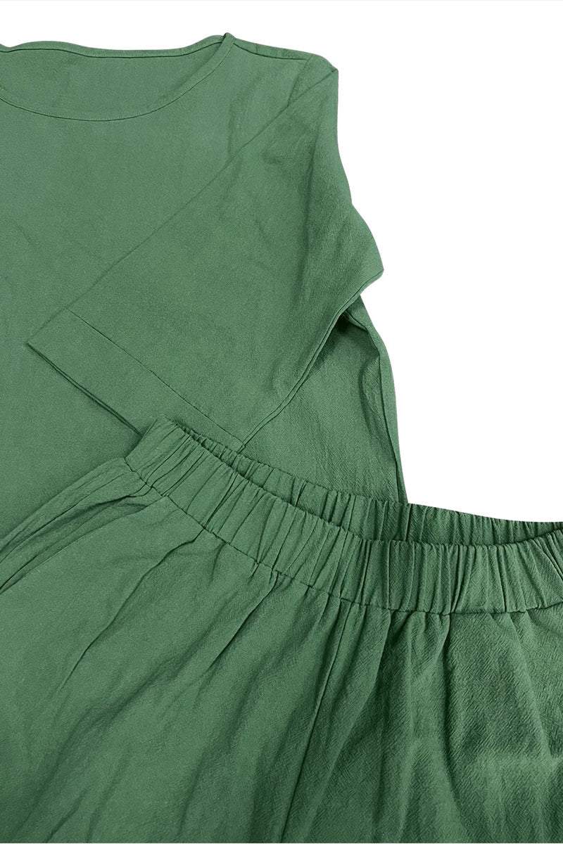 Green 100% cotton two-piece set with round neck top and wide-leg elastic waist pants