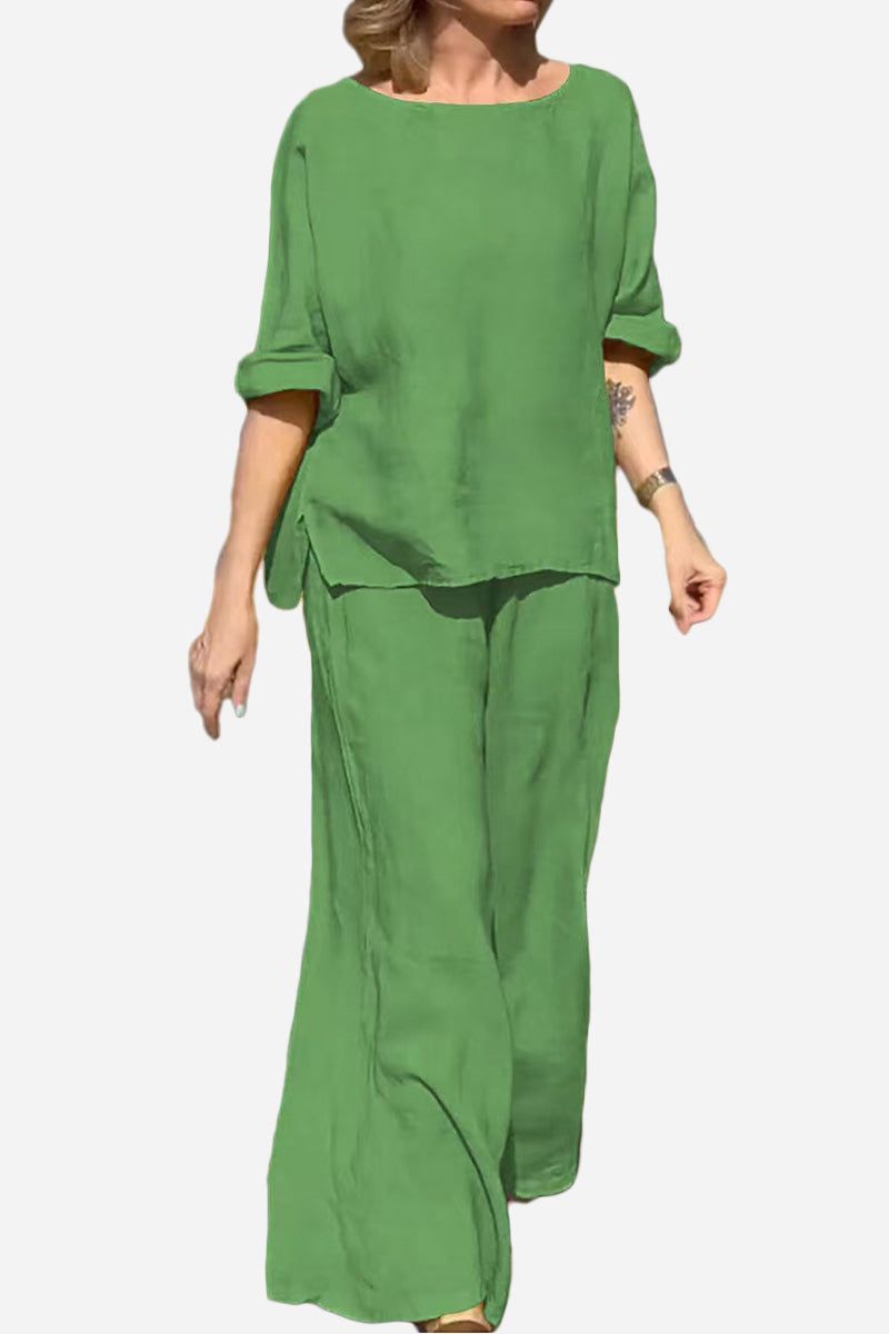 Green 100 cotton two-piece set with round neck top and wide-leg pants for casual comfort and travel