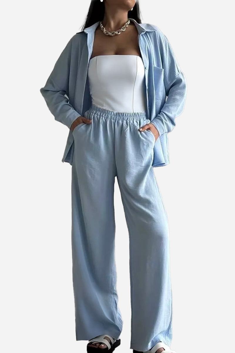 Woman wearing light blue relaxed fit wide-leg two-piece set with open shirt and elastic waist pants