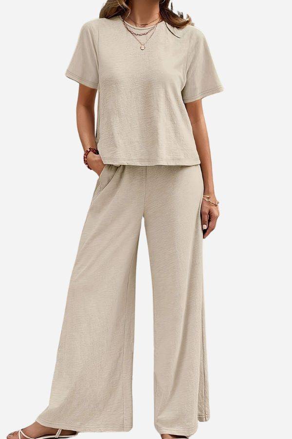 Beige Riviera Relaxed Two Piece Set with short-sleeve top and wide-leg pants for comfortable travel and casual wear