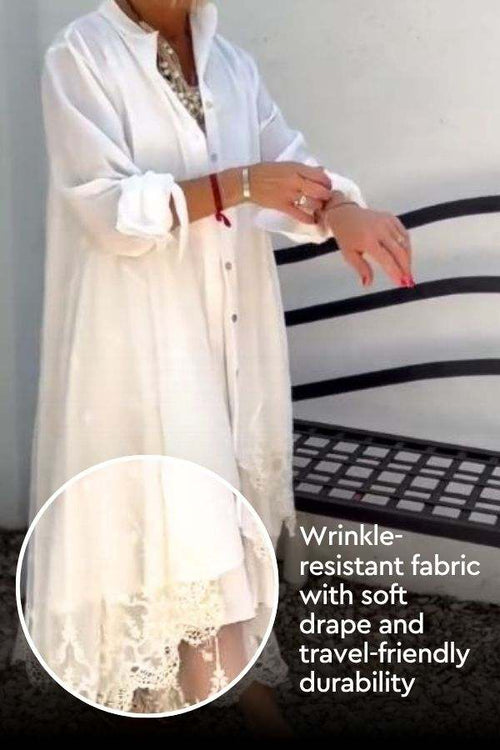 Villa Breeze Dress and Cardigan Set in white with lace trim, wrinkle-resistant and travel-friendly fabric.