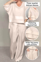 Woman wearing Atelier Serenity layered two-piece set with three-quarter dolman sleeves, layered V-neck top, and wide-leg pants with pockets in neutral tone