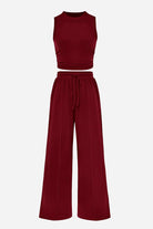 Burgundy Stroll & Hangout Ribbed Knit sleeveless crop top and wide-leg pants two-piece set