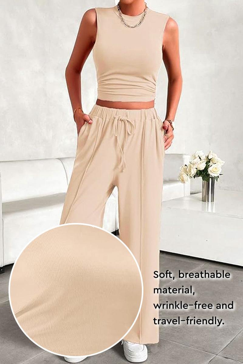 Stroll & Hangout Ribbed Knit beige two-piece set with sleeveless top and wide-leg pants, soft breathable wrinkle-free fabric, casual chic outfit.