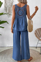 Women's blue Dreamcatcher Crochet-Back sleeveless top and wide-leg palazzo pants two-piece set