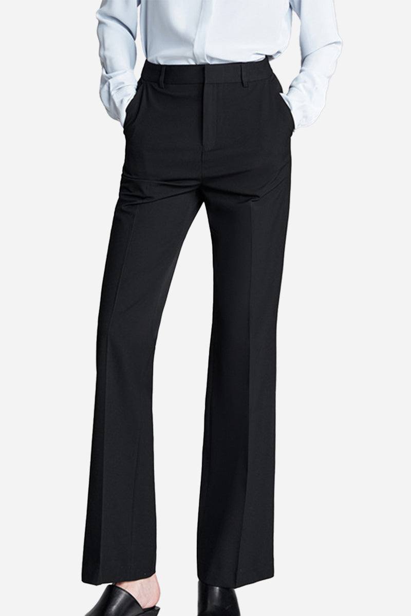 Professional black retro stretch trousers with high-waisted, straight-leg design for work and casual wear.