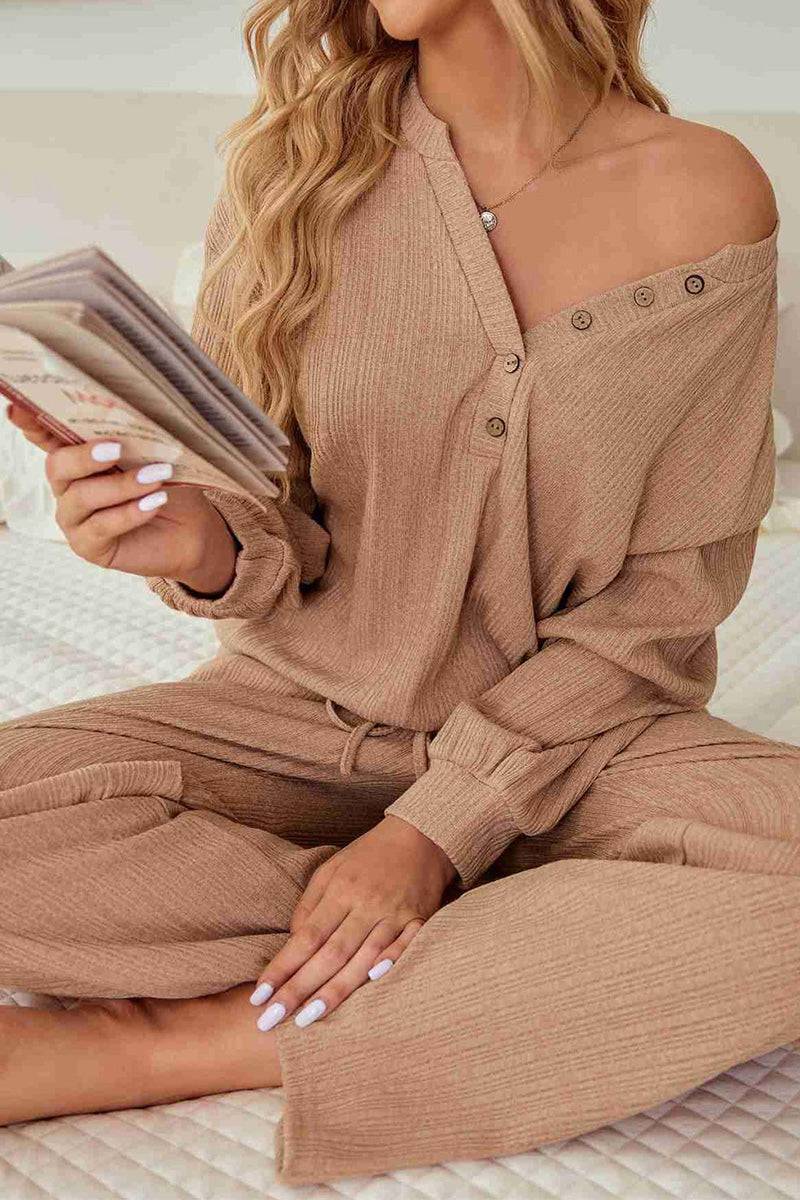 Woman wearing beige Desert Bloom Ribbed Comfort Set with ribbed texture, relaxed fit, and button details, sitting and reading a book.