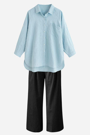 Light blue linen-cotton blend relaxed shirt paired with black wide-leg pants summer outfit set