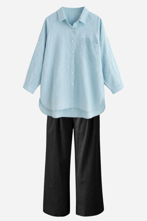 Light blue linen-cotton blend relaxed shirt paired with black wide-leg pants summer outfit set