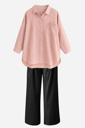 Linen Breeze Set breathable pink linen-cotton shirt with black high-waist wide-leg pants summer outfit