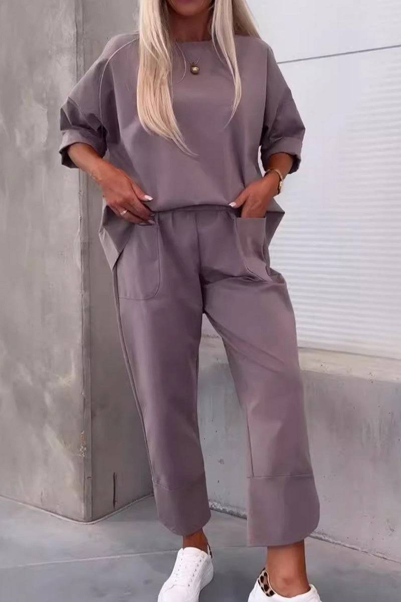 Women’s taupe two-piece set with crew neck sweatshirt and jogger pants with pockets, casual and comfortable outfit