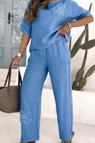 Blue Riviera Petal two piece set with floral embroidery, breathable fabric, and relaxed fit for stylish comfort