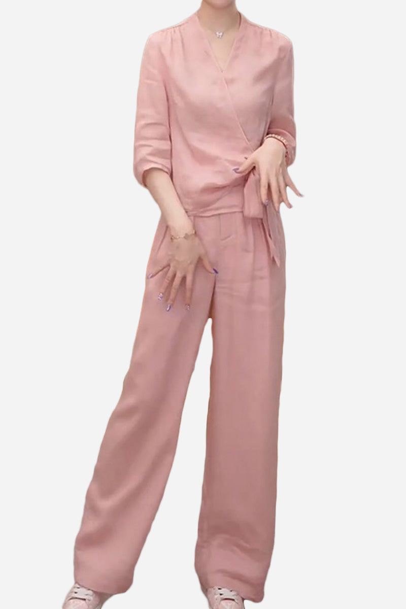 Women's breathable cotton-linen soft pink wrap top and wide-leg pants set