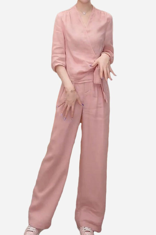 Women's breathable cotton-linen soft pink wrap top and wide-leg pants set