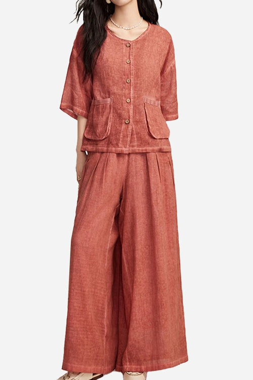 100% linen stone-washed relaxed two-piece set with button-front top and wide-leg pants in muted sunset tone