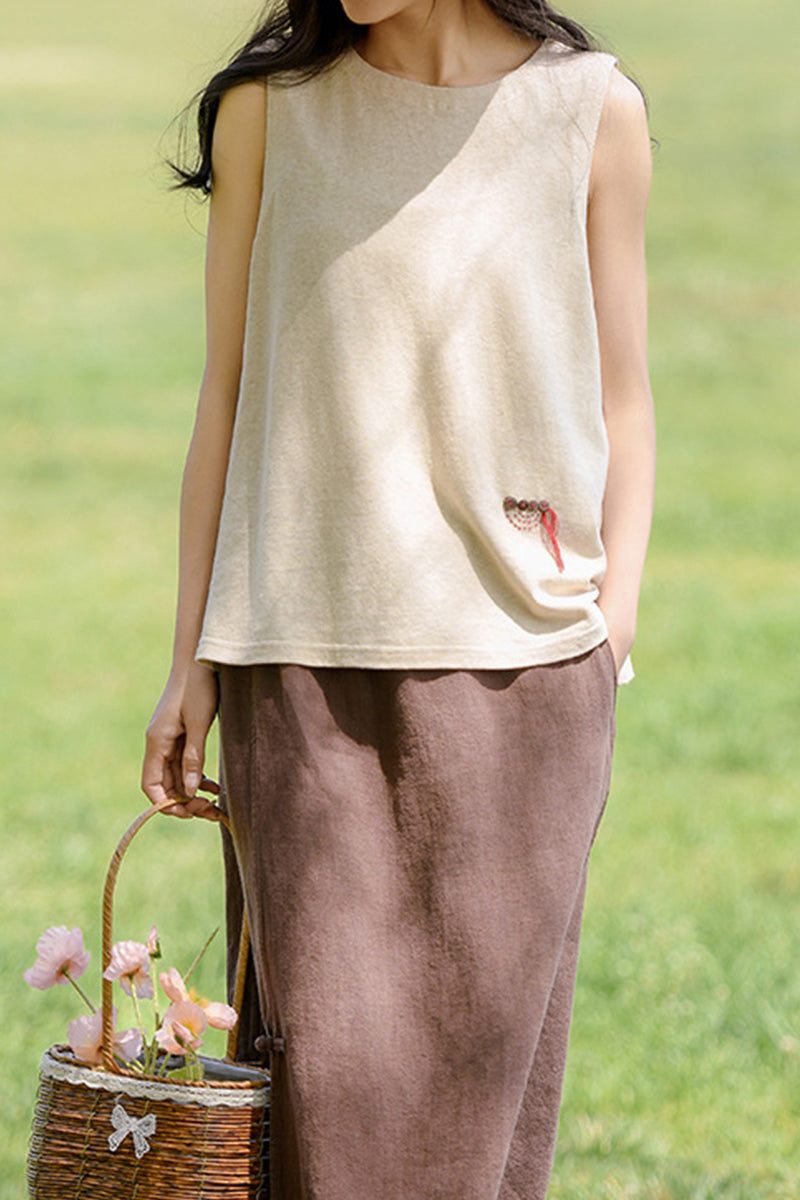 Dandelion Fields Cotton Linen breathable sleeveless top with embroidered detail and relaxed fit