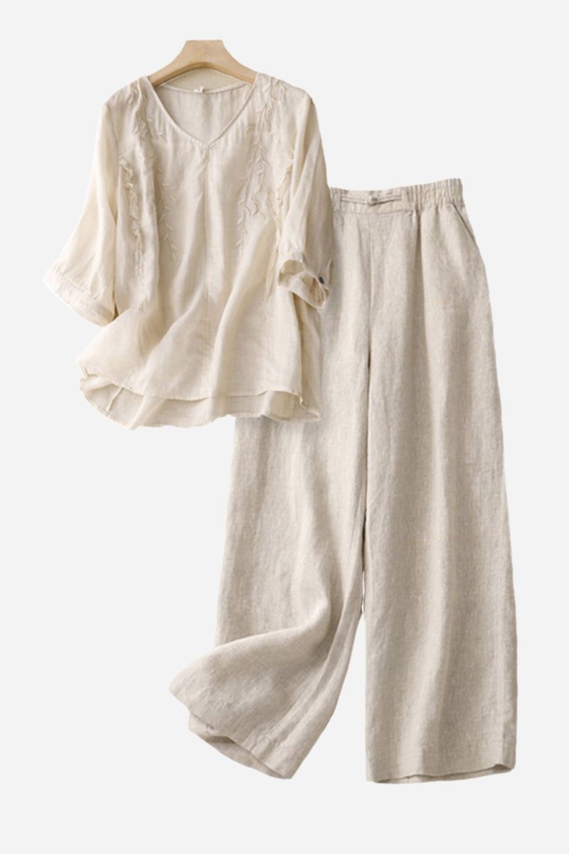 Beige cotton linen blend women's set with embroidered V-neck top and wide-leg high-waisted trousers
