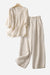 Beige cotton linen blend women's set with embroidered V-neck top and wide-leg high-waisted trousers