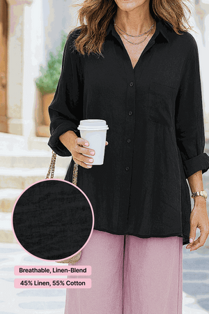woman wearing black oversized linen-blend shirt and pink palazzo pants from Oversized Linen Leaved-IN Set, holding coffee cup