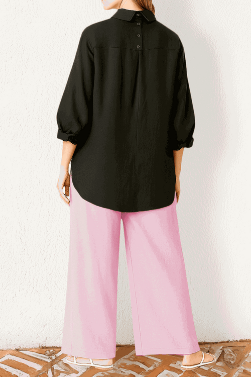 Oversized Linen Leaved-IN Set with black oversized linen-blend shirt and pink flowy palazzo pants for relaxed summer style