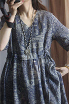 Beachside Bookstore cotton linen midi dress with vintage paisley pattern and relaxed fit.