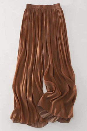 Garden Soirée cotton-silk blend wide-leg pleated trousers in brown with elastic waistband and elegant drape.