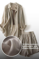 Soft Mornings wrinkle-free shirt and shorts set in breathable beige fabric with smooth drape and lightweight texture