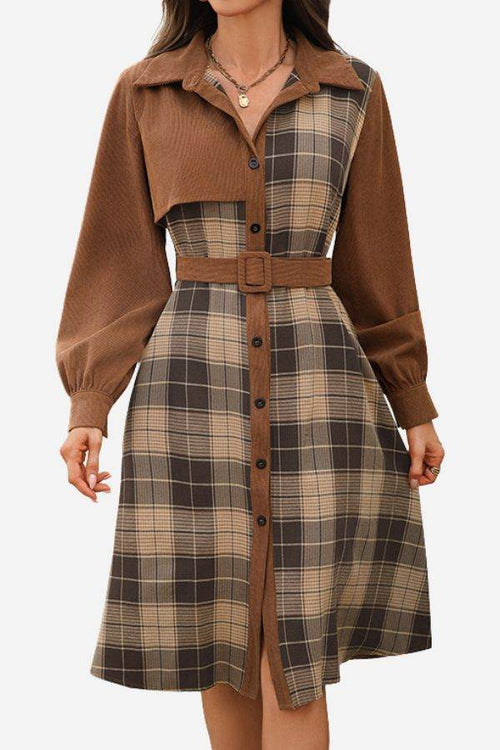 Retro corduroy dress with plaid pattern, belted waist, and long sleeves in brown tones.